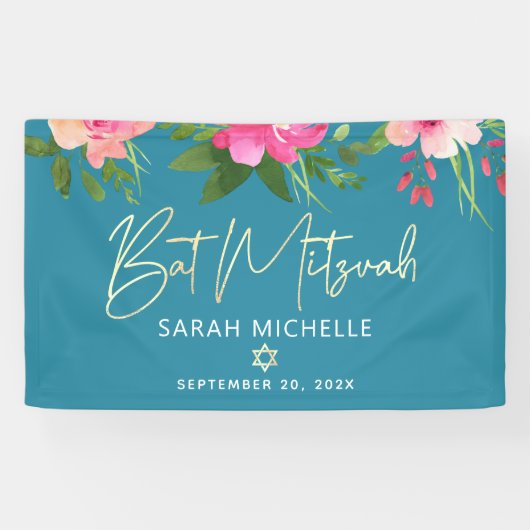 Turquoise Bat Mitzvah Roze Bloem Goud Schrift Vet Spandoek (Horizontaal)