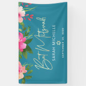Turquoise Bat Mitzvah Roze Bloem Goud Schrift Vet Spandoek (Verticaal)