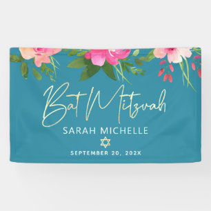 Turquoise Bat Mitzvah Roze Bloemen Goud Schrift Ve Spandoek