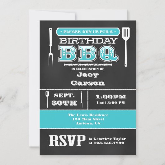 Turquoise BBQ Birthday Chalkboard Invitation Kaart (Voorkant)