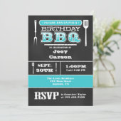 Turquoise BBQ Birthday Chalkboard Invitation Kaart (Staand voorkant)