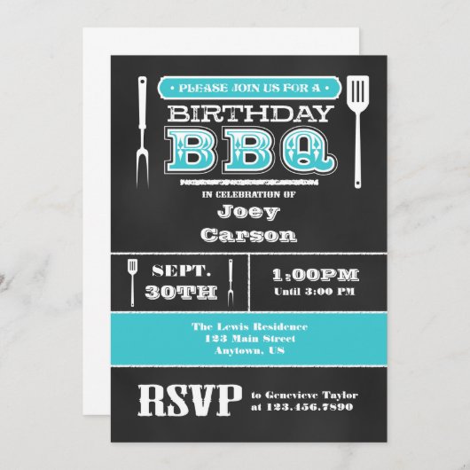 Turquoise BBQ Birthday Chalkboard Invitation Kaart (Voorkant / Achterkant)