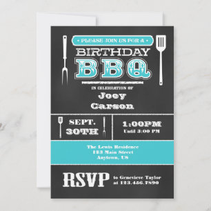 Turquoise BBQ Birthday Chalkboard Invitation Kaart