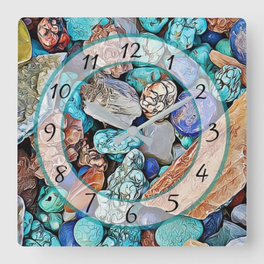 Turquoise Beach Stones Faux Stone Gem Clock Vierkante Klok (Voorkant)