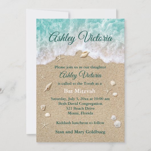 Turquoise Beach Waves Bat Mitzvah Invitation Kaart (Voorkant)