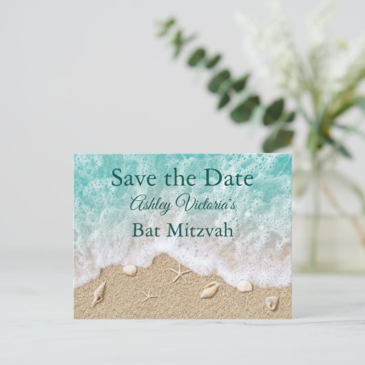 Turquoise Beach Waves Bat Mitzvah Save the Date Uitnodiging Briefkaart (Staand voorkant)