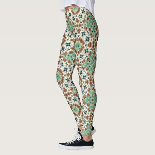 Turquoise beige kleurrijke caleidoscoop ornament leggings (Links)