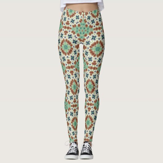 Turquoise beige kleurrijke caleidoscoop ornament leggings (Voorkant)
