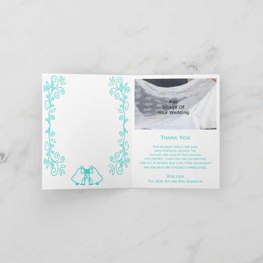 Turquoise Bells Scrollwork Design Wedding Bedankkaart (Binnen)