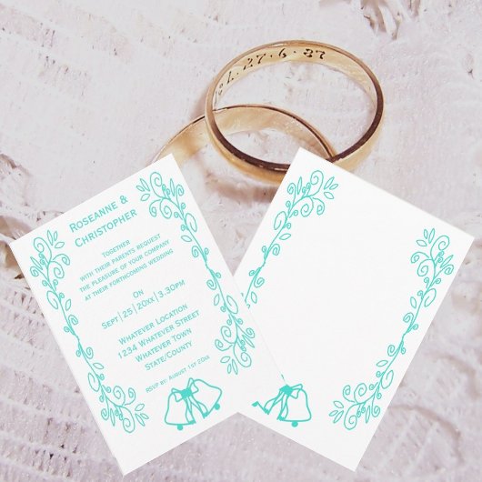 Turquoise Bells Scrollwork Design Wedding Kaart