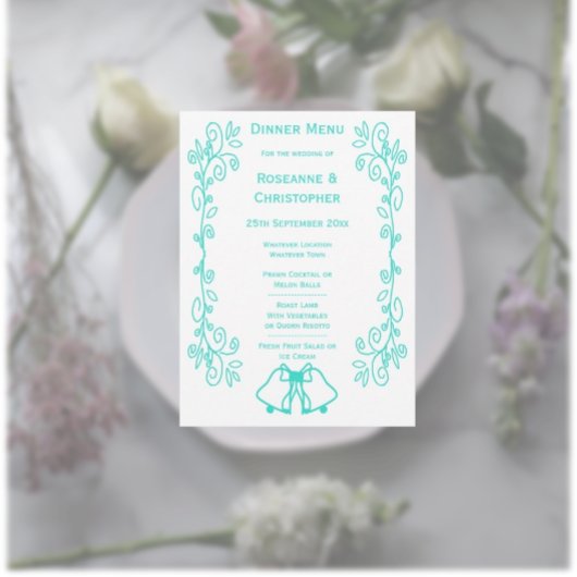 Turquoise Bells Scrollwork Design Wedding Menu