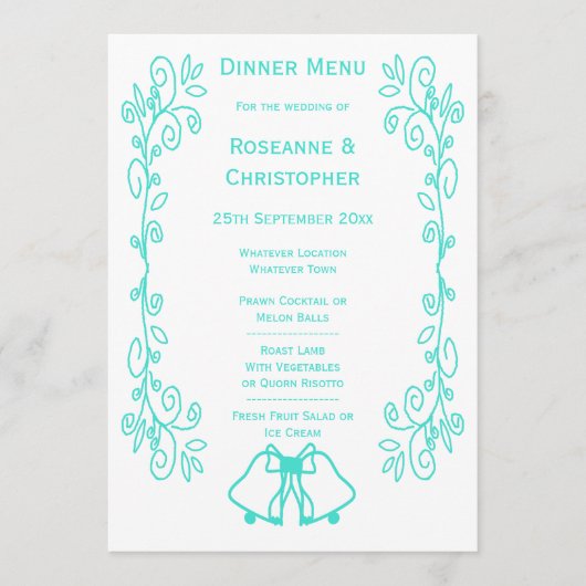 Turquoise Bells Scrollwork Design Wedding Menu (Voorkant)