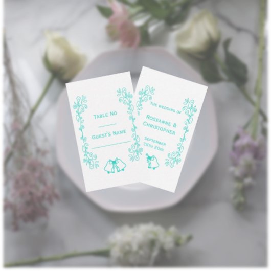 Turquoise Bells Scrollwork Design Wedding Plaatskaartje