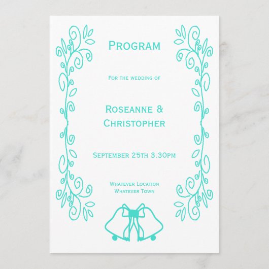 Turquoise Bells Scrollwork Design Wedding Programmakaart (Voorkant)