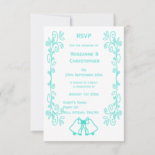 Turquoise Bells Scrollwork Design Wedding RSVP Kaartje (Voorkant)
