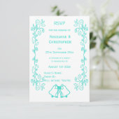 Turquoise Bells Scrollwork Design Wedding RSVP Kaartje (Staand voorkant)