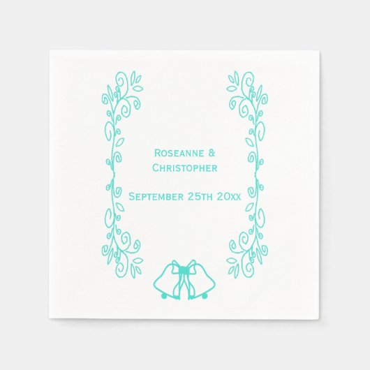 Turquoise Bells Scrollwork Huwelijksreceptie Servet (Voorkant)