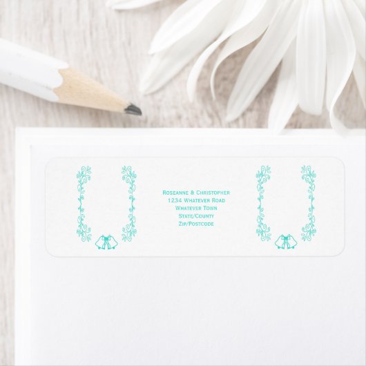 Turquoise Bells Scrollwork Wedding Retouradres Etiket (Insitu)