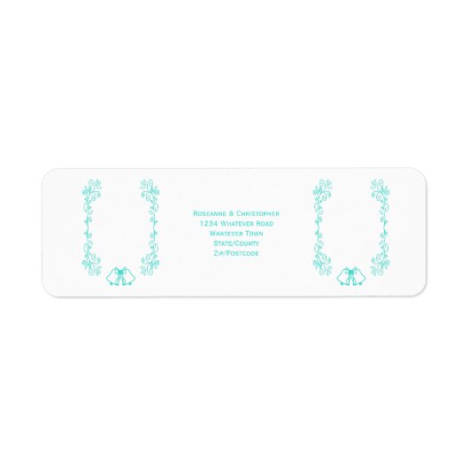 Turquoise Bells Scrollwork Wedding Retouradres Etiket (Voorkant)