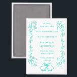 Turquoise Bells Scrollwork Wedding Sla de datum op Magneet<br><div class="desc">Trouwen slaan de datum magneet klokken ontwerp. Pas deze turquoise gekleurde bruiloft aan en sla de datummagneet op met uw trouwgegevens. Mocht u hulp nodig hebben bij het aanpassen, neem dan contact met ons op via de link op deze pagina. Blauw gekleurde klokken ontwerp gepersonaliseerde bruiloft opslaan van de datum...</div>