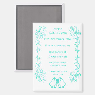 Turquoise Bells Scrollwork Wedding Sla de datum op Magneet