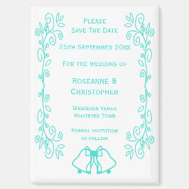 Turquoise Bells Scrollwork Wedding Sla de datum op Magneet