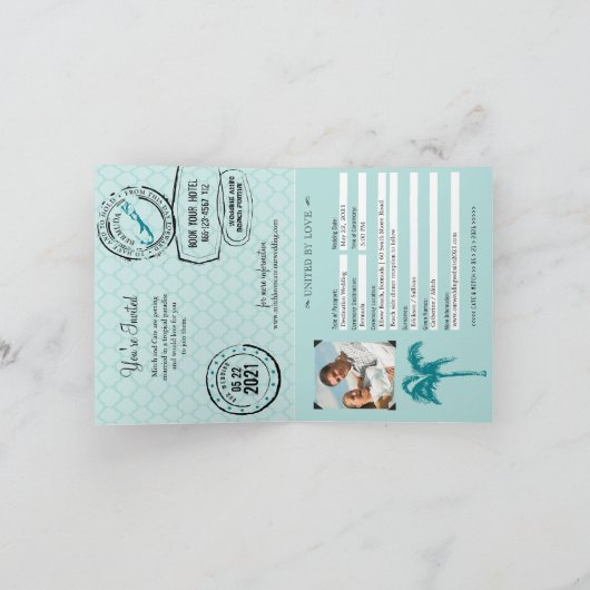 Turquoise Bermuda Passport bruiloft uitnodiging (Binnen)