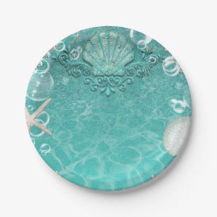 Turquoise Betoverde Zee Zeester & Bellen Oceaan Fe Papieren Bordje