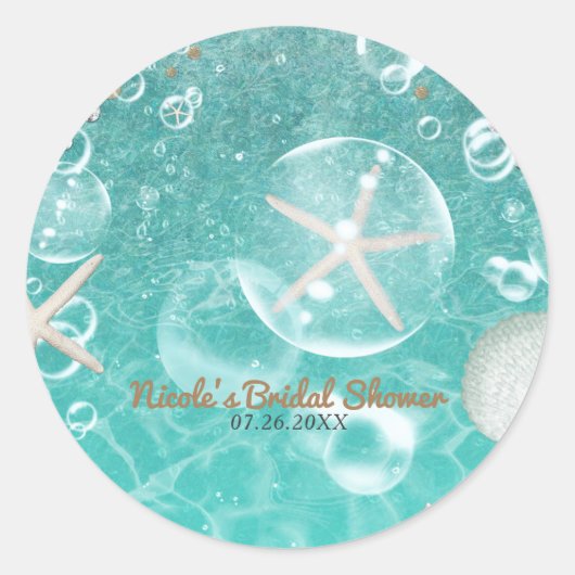 Turquoise Betoverde Zee Zeester & Bubbel Feest Fav Ronde Sticker (Voorkant)