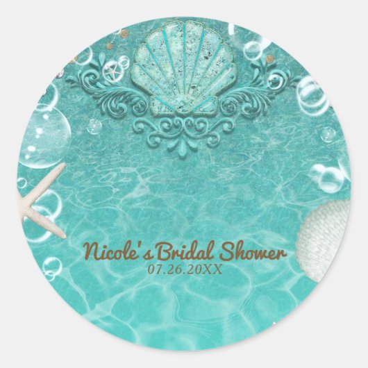 Turquoise betoverde zeester zeester & bubbels fees ronde sticker (Voorkant)