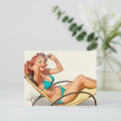 Turquoise Bikini Pin Up Briefkaart (Staand voorkant)