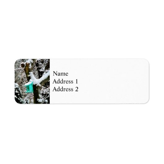 Turquoise Birdhouse in Winter Etiket (Voorkant)