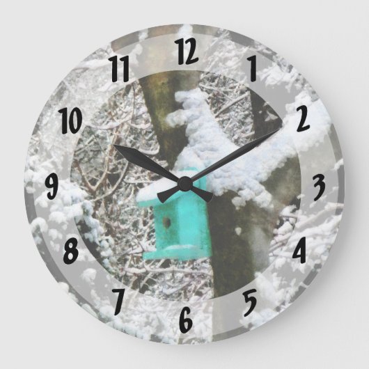 Turquoise Birdhouse in Winter Grote Klok (Voorkant)