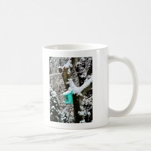 Turquoise Birdhouse in Winter Koffiemok (Rechts)