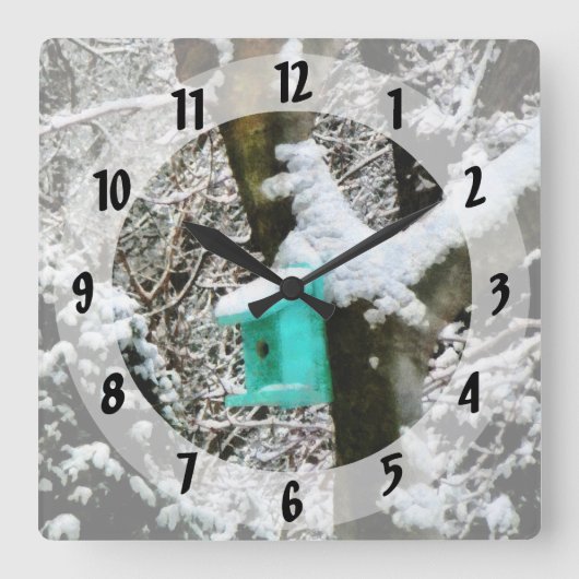 Turquoise Birdhouse in Winter Vierkante Klok (Voorkant)