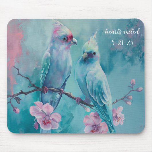 Turquoise Birds Hearts United Mousepad Muismat (Voorkant)