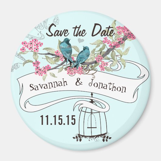 Turquoise Birds roze Cherry Blossom Save the Date Magneet (Voorkant)