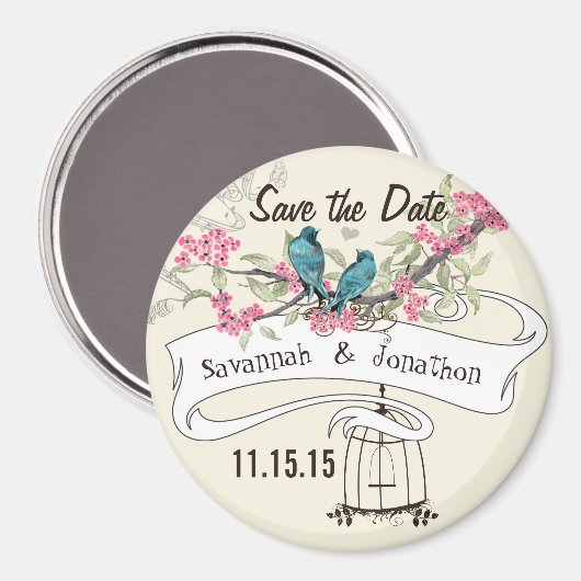 Turquoise Birds roze Cherry Blossom Save the Date Magneet (Voorkant / Achterkant)