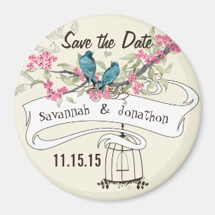 Turquoise Birds roze Cherry Blossom Save the Date Magneet
