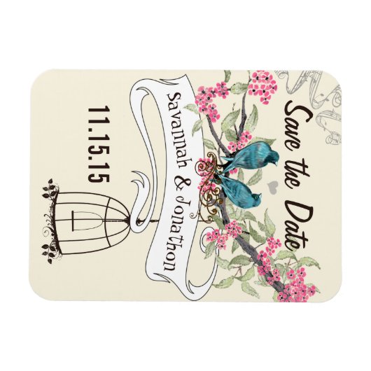 Turquoise Birds roze Cherry Blossom Save the Date Magneet (Horizontaal)