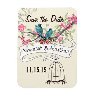 Turquoise Birds roze Cherry Blossom Save the Date Magneet