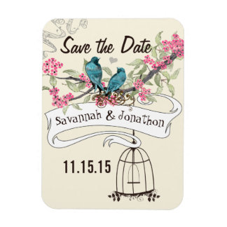 Turquoise Birds roze Cherry Blossom Save the Date Magneet