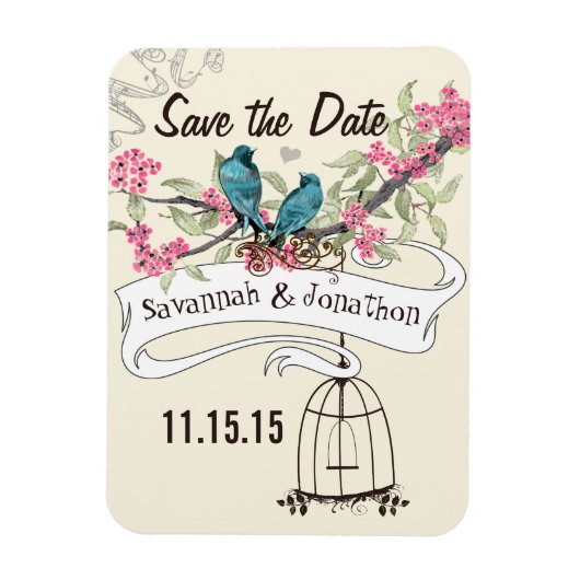 Turquoise Birds roze Cherry Blossom Save the Date Magneet (Verticaal)