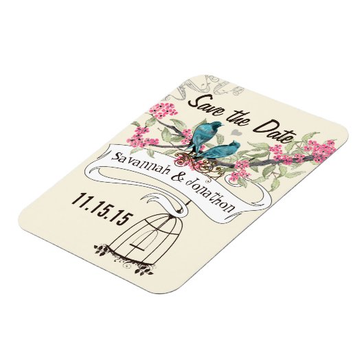 Turquoise Birds roze Cherry Blossom Save the Date Magneet (Linkerzijde)