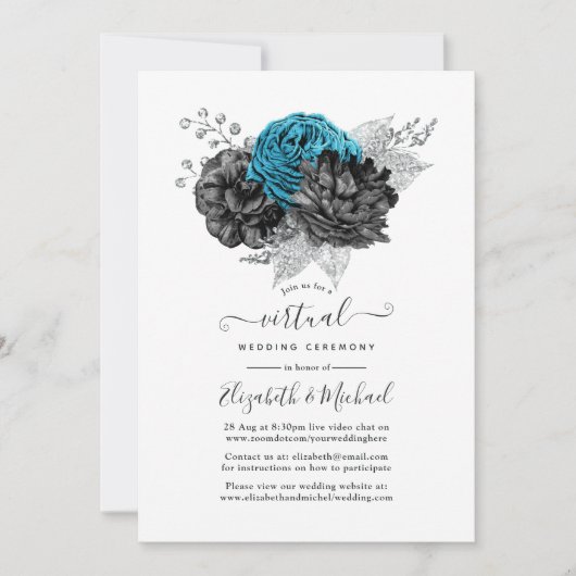 Turquoise, Black and Silver Virtual Wedding Kaart (Voorkant)