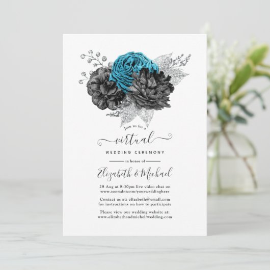 Turquoise, Black and Silver Virtual Wedding Kaart (Staand voorkant)