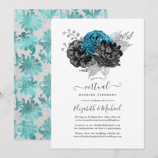 Turquoise, Black and Silver Virtual Wedding Kaart (Voorkant / Achterkant)