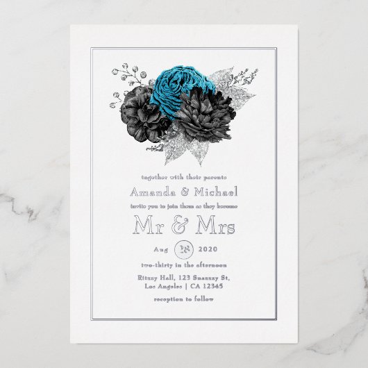 Turquoise, Black and Silver Wedding Folie Uitnodiging (Voorkant)
