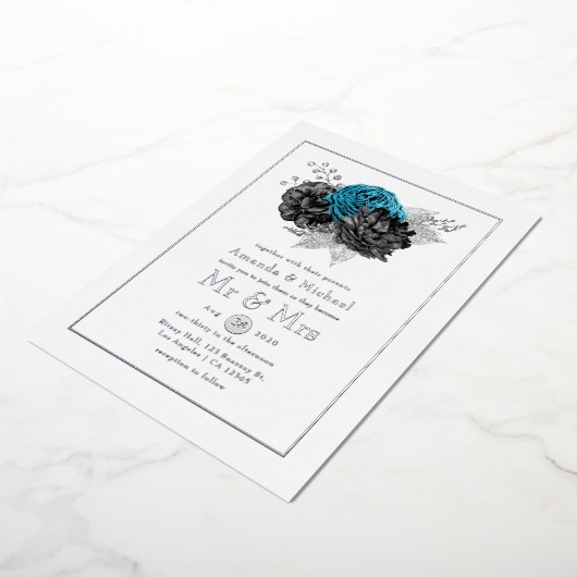 Turquoise, Black and Silver Wedding Folie Uitnodiging (Gedraaid)
