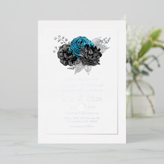 Turquoise, Black and Silver Wedding Folie Uitnodiging (Staand Voorkant)